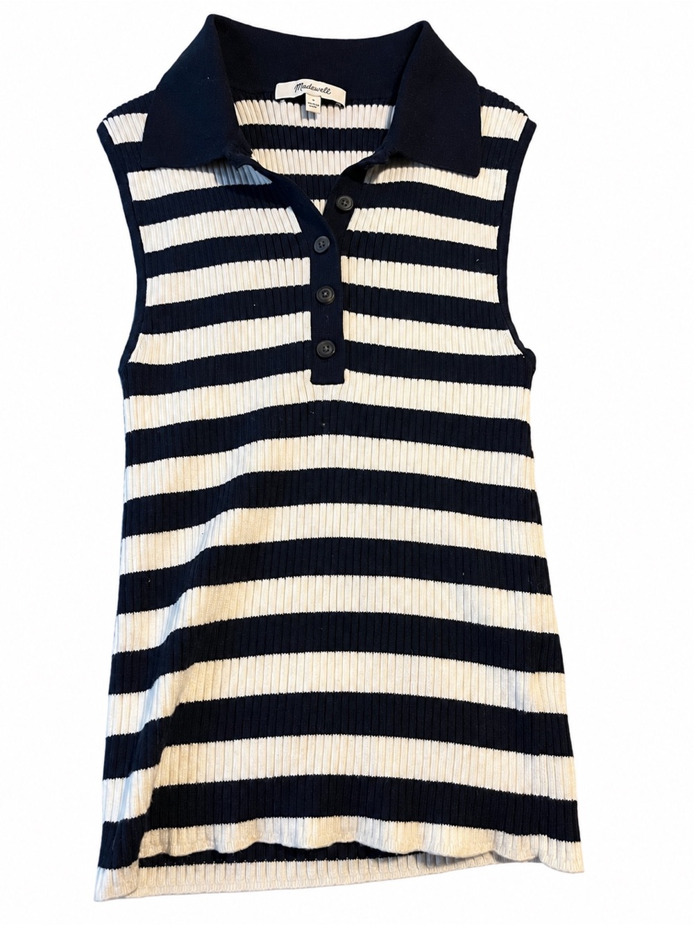Madewell Navy & White Striped Sleeveless Polo Tank